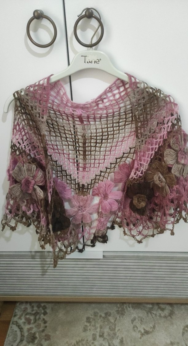 Dantel Detaylı Pembe Bohem El  Örgüsü Şal - Görsel 2