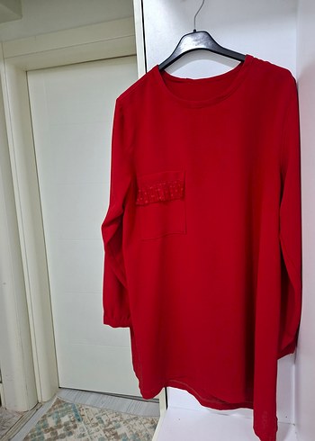 Kırmızı Uzun Kollu Nakışlıi Tunik - Görsel 3