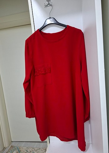 Kırmızı Uzun Kollu Nakışlıi Tunik - Görsel 5