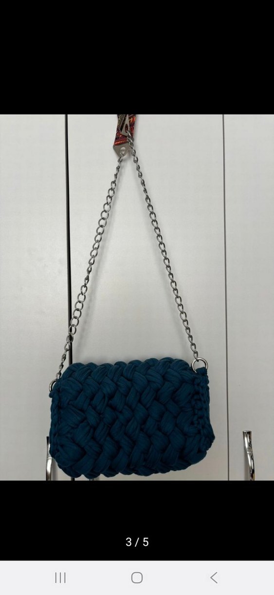 Zincir Detaylı Mavi Örgü Kadın Çanta - Görsel 2