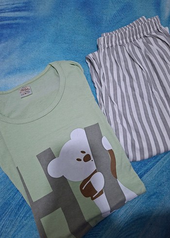 Yeşil Ayıcık Baskılı Kısa Kollu Kadın Pijama Takımı - Görsel 2