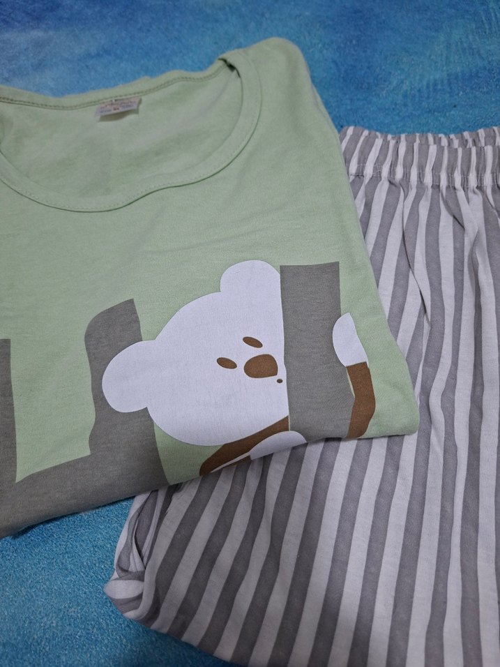 Yeşil Ayıcık Baskılı Kısa Kollu Kadın Pijama Takımı - Görsel 3