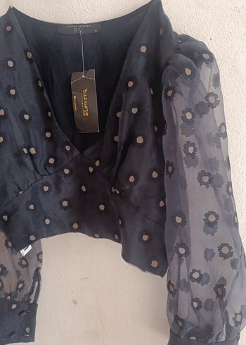 xs Beden siyah Renk Düğmeli Siyah Puantiyeli Mini Bluz