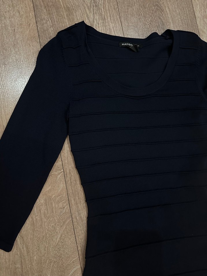 Lacivert Midi V Yaka Yetim Kollu Elbise - Görsel 2