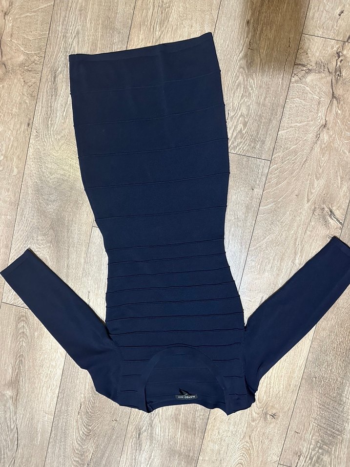 Lacivert Midi V Yaka Yetim Kollu Elbise - Görsel 4