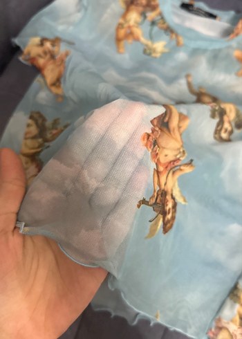 Mavi Desenli Hamile Tişörtü, Kısa Kollu, Dantel Detaylı - Görsel 2