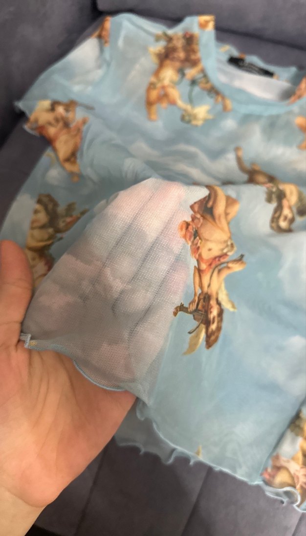 Mavi Desenli Hamile Tişörtü, Kısa Kollu, Dantel Detaylı - Görsel 2