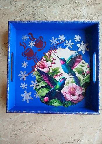 Renkli Mavi Kuşlu Ahşap Tepsi - Görsel 4