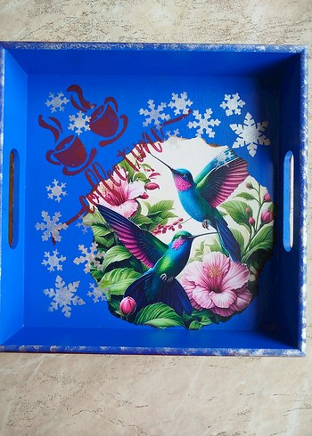 Renkli Mavi Kuşlu Ahşap Tepsi - Görsel 2