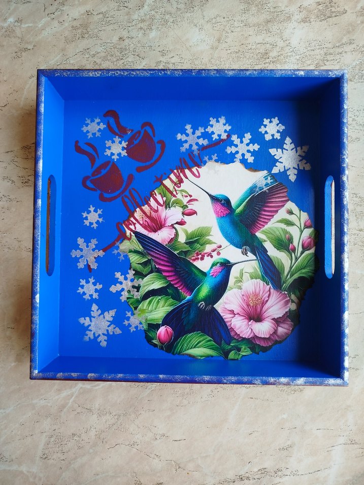 Renkli Mavi Kuşlu Ahşap Tepsi - Görsel 4