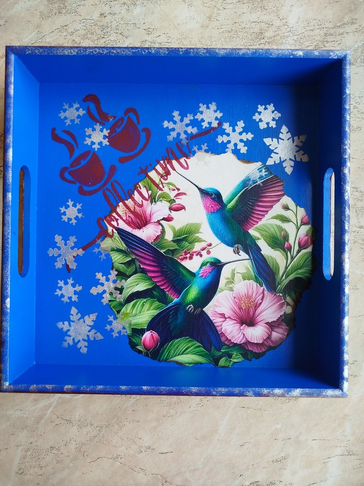 Renkli Mavi Kuşlu Ahşap Tepsi - Görsel 2