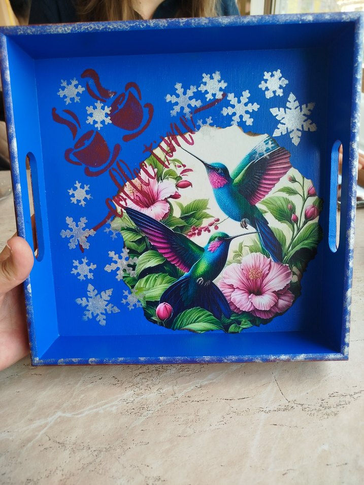 Renkli Mavi Kuşlu Ahşap Tepsi - Görsel 3