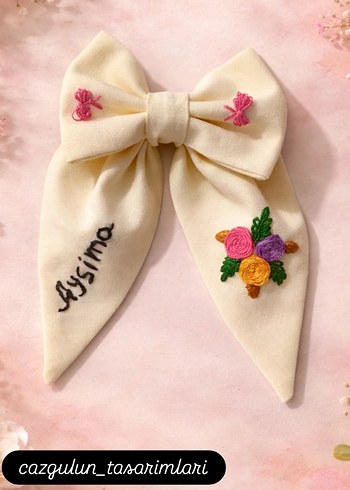 Nakışlı El Emeği Beyaz Fiyonk Saç Tokası - Görsel 2