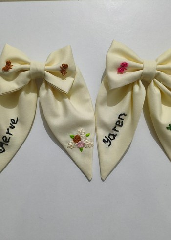 Nakışlı El Emeği Beyaz Fiyonk Saç Tokası - Görsel 3