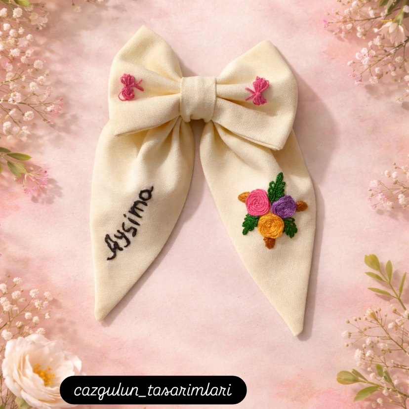 Nakışlı El Emeği Beyaz Fiyonk Saç Tokası - Görsel 2