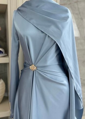 Mavi Uzun Drapeli V Yaka Abiye Elbise - Görsel 2