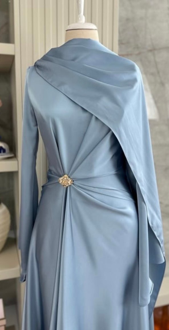 Mavi Uzun Drapeli V Yaka Abiye Elbise - Görsel 2