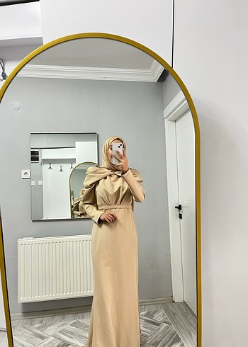 Bej Uzun Drapeli Kadın Elbise - Görsel 2