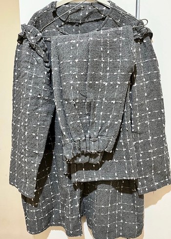 Gri Düğmeli Midi Keten Kadın takım tesettür - Görsel 2