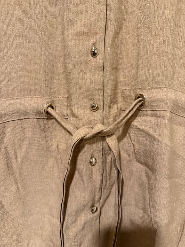 Kemerli Bej Keten Midi Elbise - Görsel 3