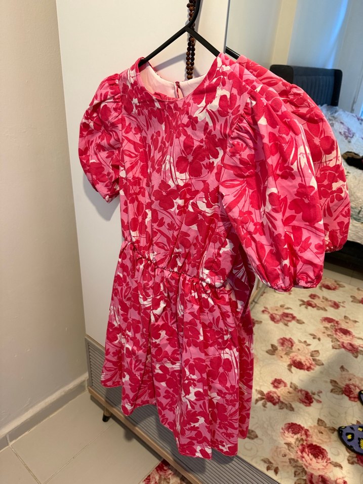 Pembe Çiçek Desenli Kız Elbisesi - Görsel 2