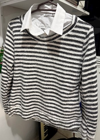 Gri Çizgili Kadın Triko Kazak - Görsel 3