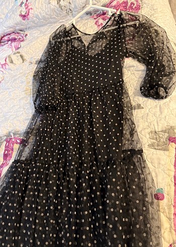 Puantiye Desenli Uzun Siyah Elbise - Görsel 7