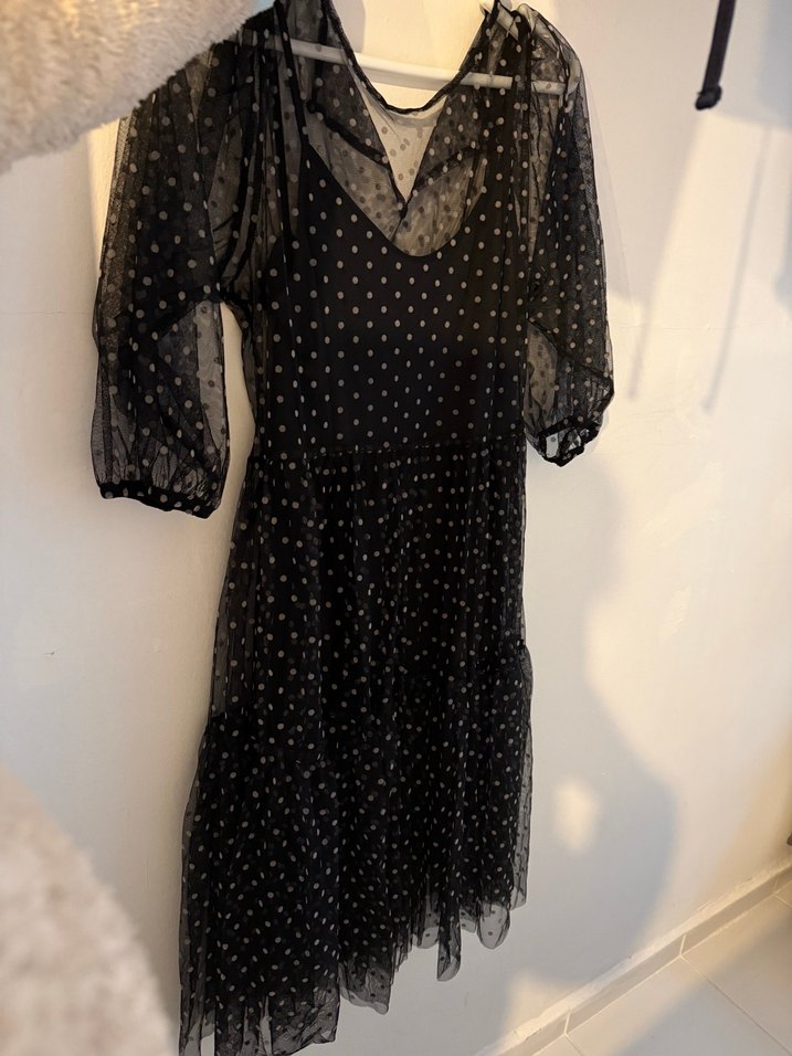 Puantiye Desenli Uzun Siyah Elbise - Görsel 4