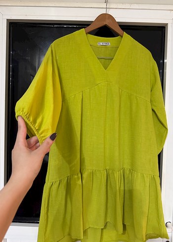 Yeşil V Yakalı Keten Midi Elbise - Görsel 6