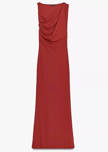 Zara Bordo Uzun Drapeli V Yaka Elbise - Görsel 4