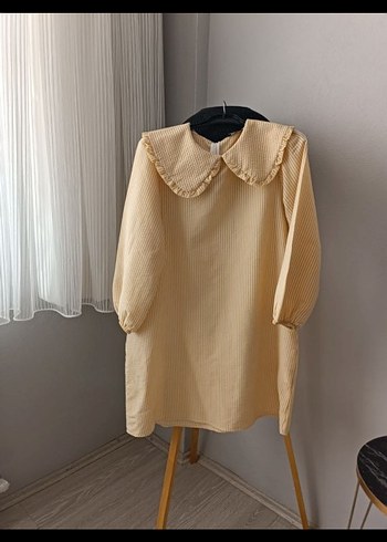 Bej Kadın Midi Keten Tunik Renkli Fırfırlı Yaka