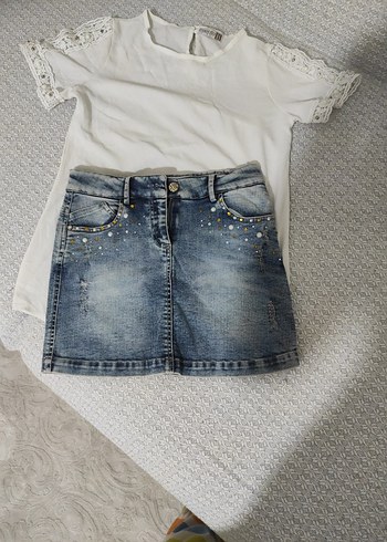 Civil Nakışlı Gri Kız Denim Etek