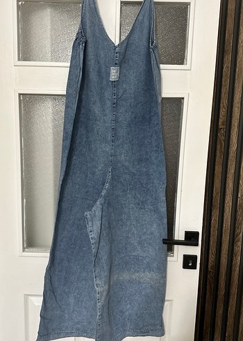Kadın Mavi Denim Uzun Askılı Tulum