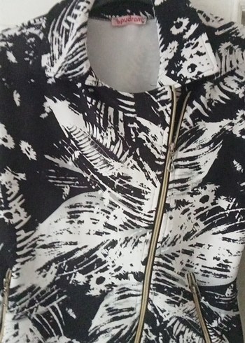 Kadın Siyah Beyaz Desenli Fermuarlı Ceket - Görsel 9