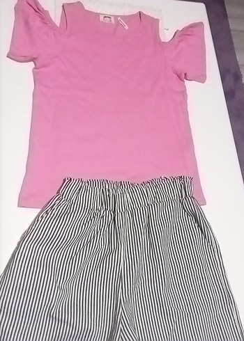Kız Çocuk Çizgili Pileli Şort ve Koton omuzu açık kısakollu - Görsel 5