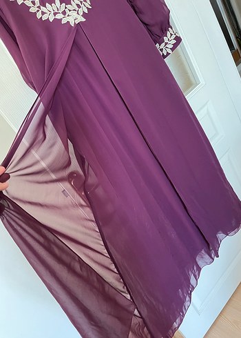 Mor Uzun Kollu İşlemeli Kadın Elbise - Görsel 2
