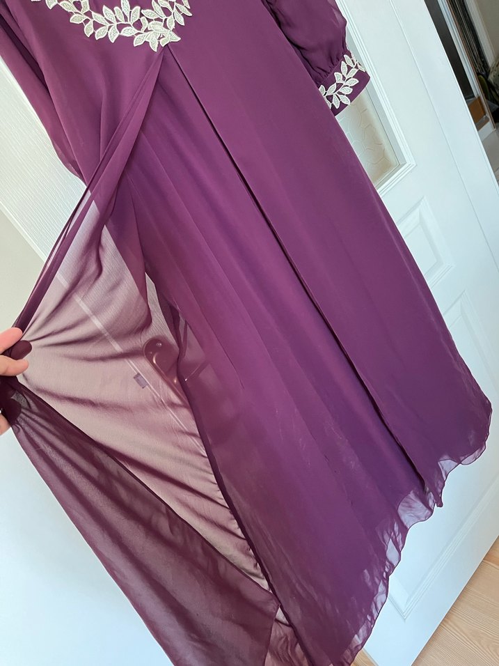 Mor Uzun Kollu İşlemeli Kadın Elbise - Görsel 2