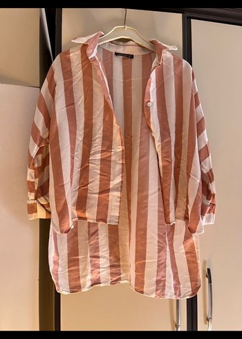 Kadın pembe Çizgili Düğmeli Gömlek - Görsel 2