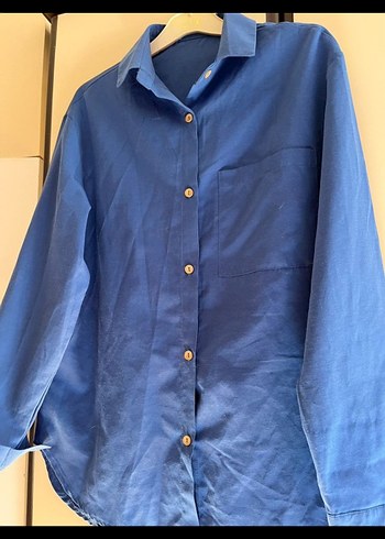 Düğmeli Mavi Keten Kadın Gömlek - Görsel 2
