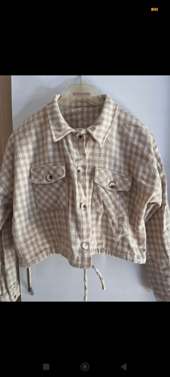 Bej Kareli Uzun Kollu Keten Gömlek - Görsel 2