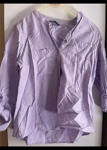 Mor Düğmeli Uzun Kollu Keten Kadın Gömlek - Görsel 2