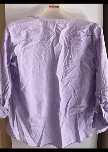 Mor Düğmeli Uzun Kollu Keten Kadın Gömlek - Görsel 3