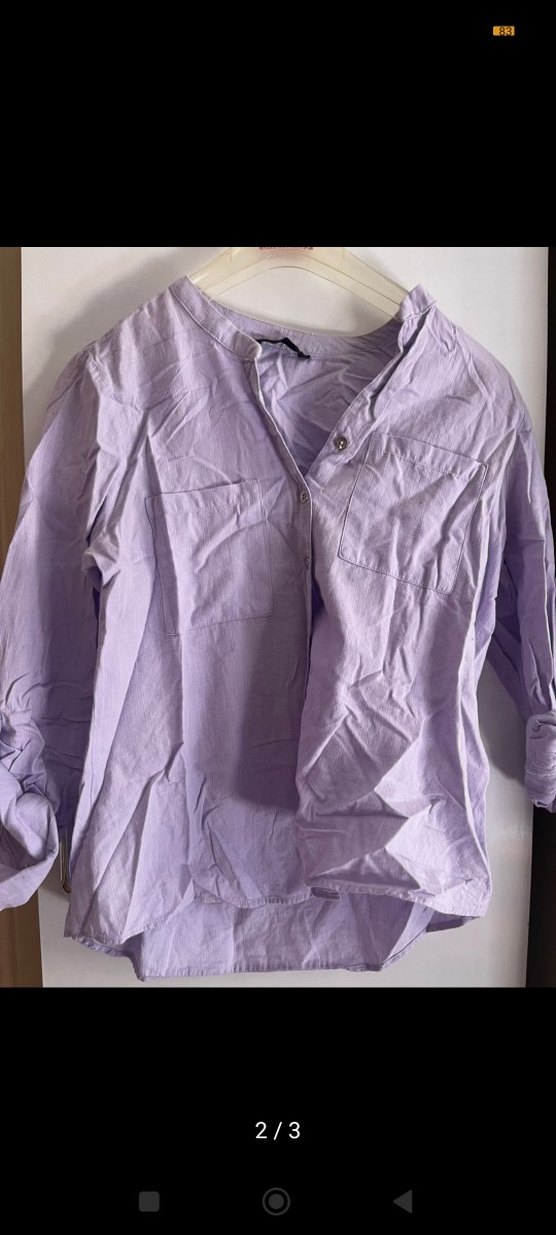 Mor Düğmeli Uzun Kollu Keten Kadın Gömlek - Görsel 2