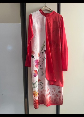 Uzun Kollu, Baskılı, Kırmızı Kadın Elbise - Görsel 2