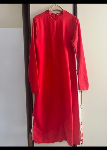 Uzun Kollu, Baskılı, Kırmızı Kadın Elbise - Görsel 7