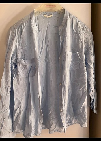 mavi Keten Uzun Kollu Düğmeli Gömlek - Görsel 2