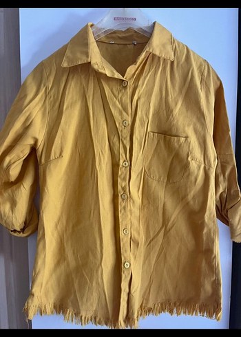 Sarı Düğmeli Keten Kadın Gömlek - Görsel 2