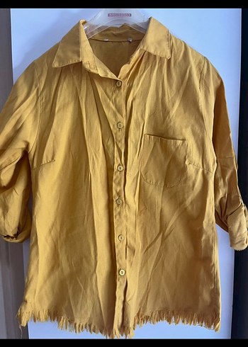 Sarı Düğmeli Keten Kadın Gömlek - Görsel 3