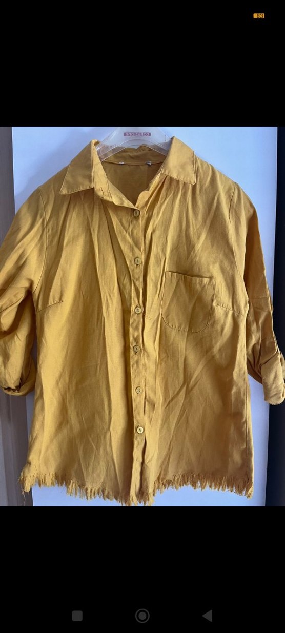Sarı Düğmeli Keten Kadın Gömlek - Görsel 3