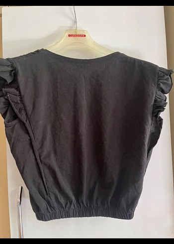 Siyah Fırfırlı Kısa Kollu Crop Top - Görsel 2